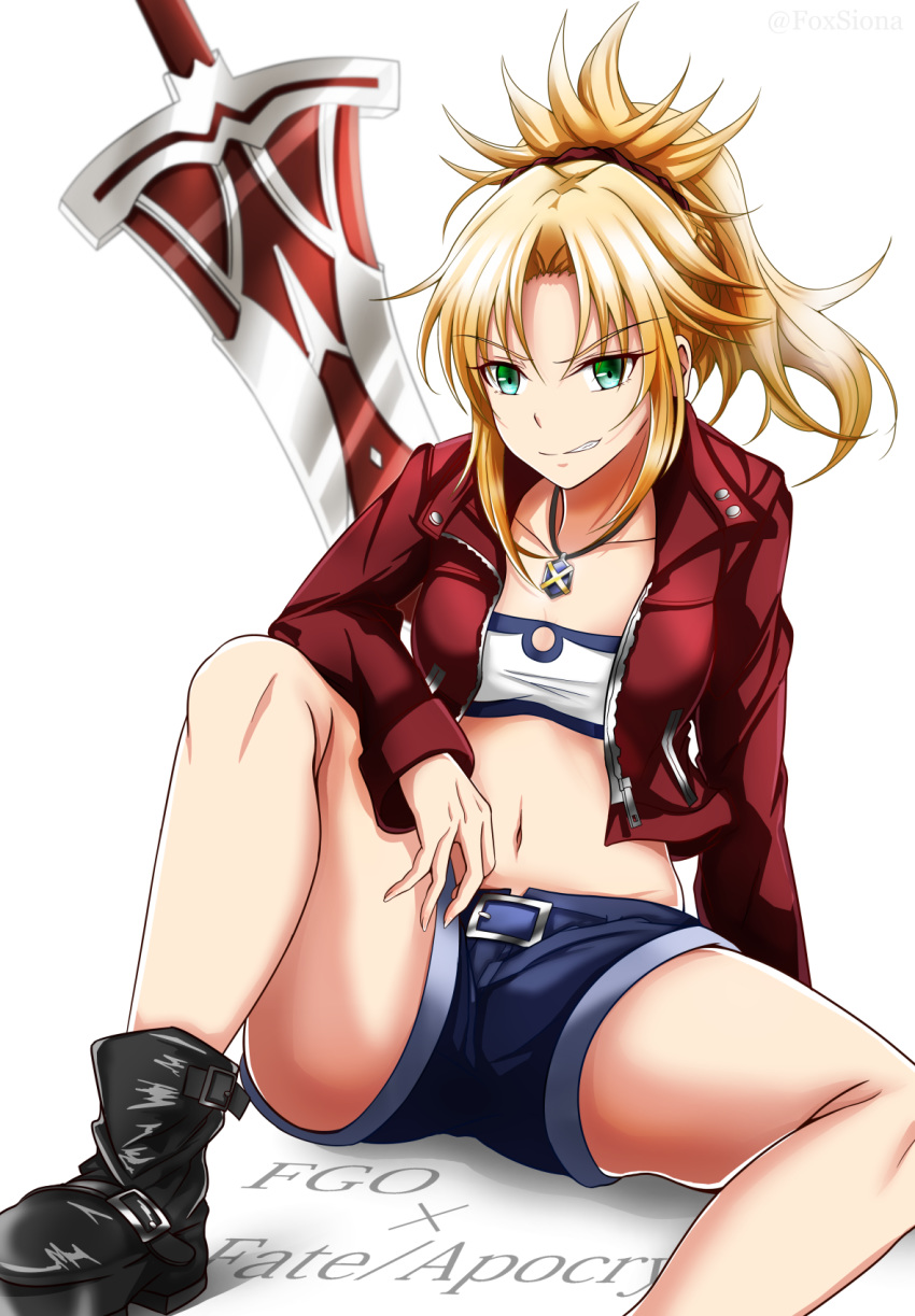 1girl ankle_boots arm_on_knee bandeau bangs bare_legs belt black_footwear blonde_hair blue_belt boots braid breasts clarent collarbone commentary_request copyright_name cropped_jacket denim denim_shorts eyebrows_visible_through_hair fate/apocrypha fate/grand_order fate_(series) french_braid green_eyes groin hair_between_eyes hair_ornament hair_scrunchie highres jacket jewelry kitsune_(foxsiona) knee_up long_sleeves looking_at_viewer midriff mordred_(fate) mordred_(fate)_(all) navel necklace open_clothes open_jacket parted_bangs planted_sword planted_weapon ponytail red_jacket red_scrunchie scrunchie shadow short_shorts shorts sidelocks simple_background sitting small_breasts smile smirk solo sword twitter_username weapon white_background
