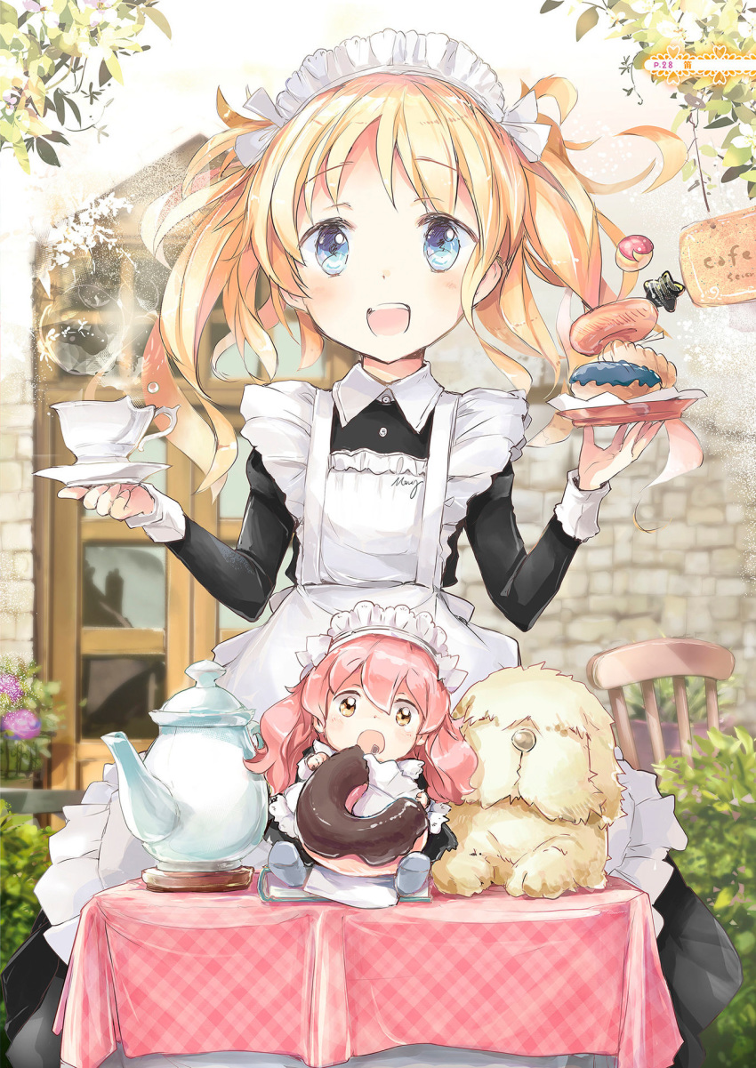 2girls :d animal apron artist_request bangs black_dress blonde_hair blue_eyes blush boots brown_eyes chair chibi collared_dress cup day dog door doughnut dress eyebrows_visible_through_hair food frilled_apron frills highres holding holding_saucer juliet_sleeves long_hair long_sleeves looking_at_viewer maid maid_apron maid_headdress minigirl multiple_girls open_mouth original outdoors pink_hair plaid puffy_sleeves saucer signature sitting smile standing star steam table tablecloth teacup teapot twintails upper_teeth