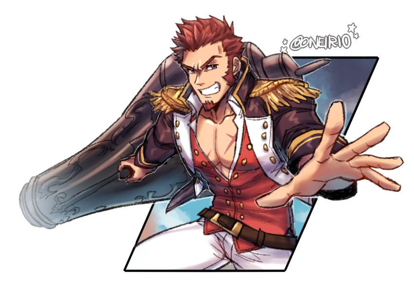 1boy abs artist_name bara beard belt blue_eyes brown_hair chest epaulettes facial_hair fate/grand_order fate_(series) fighting_stance huge_weapon long_sleeves looking_at_viewer male_focus military military_uniform muscle napoleon_bonaparte_(fate/grand_order) oneirio open_clothes open_hand pants pectorals pose scar simple_background six_fanarts_challenge smile solo teeth uniform weapon