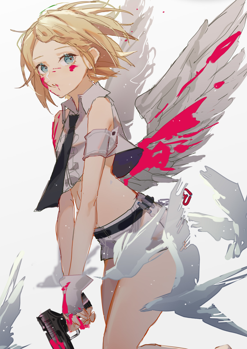 1girl 9degree absurdres angel_wings bird blonde_hair blood blood_on_face bloody_wings blue_eyes commentary crop_top feathered_wings fingerless_gloves from_side gloves grey_gloves grey_jacket grey_shorts grey_wings gun highres holding holding_gun holding_weapon jacket kagamine_rin looking_at_viewer looking_to_the_side necktie parted_lips short_hair short_shorts shorts sleeveless sleeveless_jacket solo symbol_commentary vocaloid weapon wing_collar wings