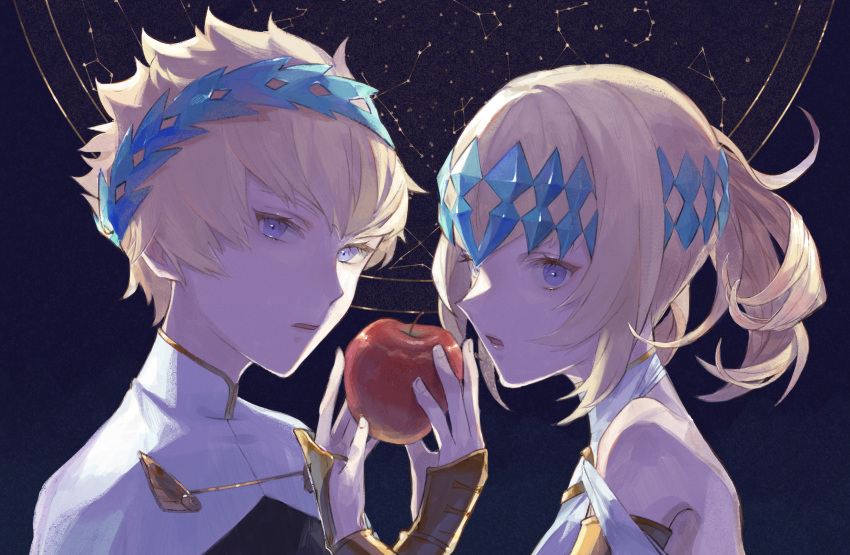 1boy 1girl apple artist_request bare_shoulders black_shirt blonde_hair blue_eyes bracer breasts bridal_gauntlets brother_and_sister castor_(fate/grand_order) constellation diadem fate/grand_order fate_(series) food fruit highres huge_filesize looking_at_viewer medium_hair night night_sky open_mouth parted_lips pollux_(fate/grand_order) shirt short_hair siblings sky small_breasts twins white_robe