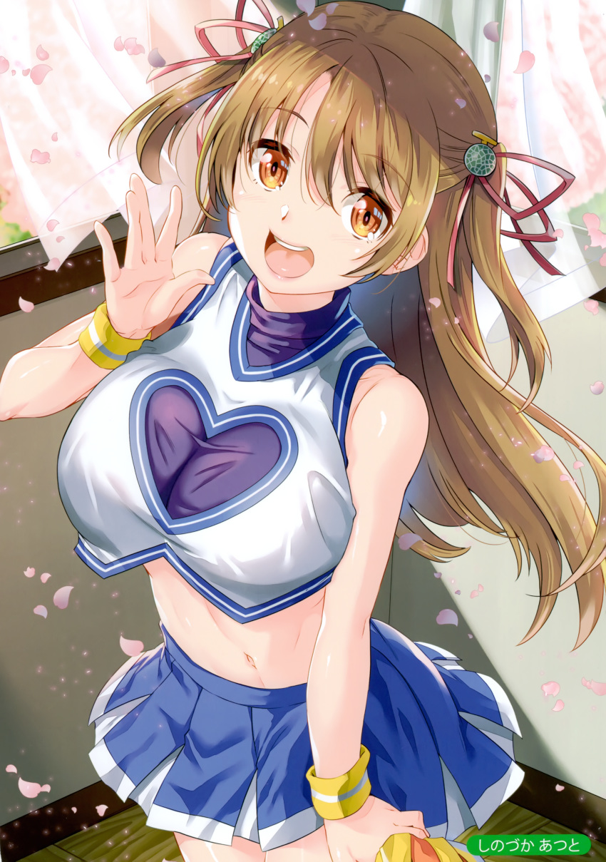 1girl :d absurdres bare_shoulders blue_skirt breasts brown_hair cheerleader cherry_blossoms cleavage_cutout cowboy_shot crop_top crop_top_overhang curtains hair_ornament hair_ribbon heart_cutout highres holding large_breasts long_hair looking_at_viewer melonbooks midriff miniskirt navel open_mouth orange_eyes petals pleated_skirt pom_poms ribbon scan shinozuka_atsuto shirt skirt sleeveless sleeveless_shirt smile solo stomach sweatband two_side_up undershirt white_shirt