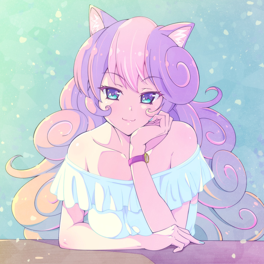 1girl animal_ear_fluff animal_ears bangs bare_shoulders blue_eyes blue_nails chin_rest collarbone curly_hair e20 elbows_on_table frilled_shirt frills highres long_hair multicolored_hair nail_polish off-shoulder_shirt off_shoulder pink_hair shirt show_by_rock!! smile solo sparkling_eyes squirrel_ears streaked_hair sumomone_(show_by_rock!!) upper_body watch watch white_shirt