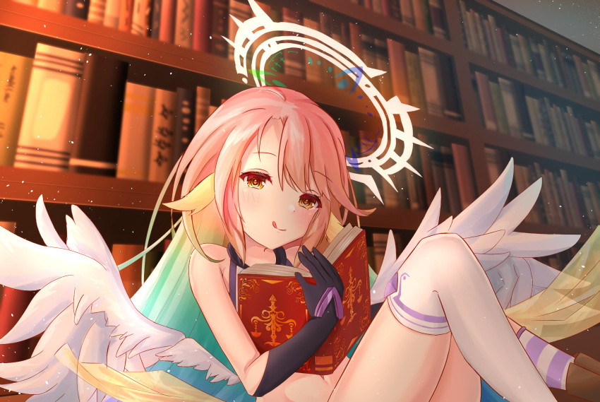 1girl 3d_background :q angel_wings aoki_chiaki bangs bare_shoulders black_gloves blush book bookshelf brown_footwear commentary_request crop_top elbow_gloves eyebrows_visible_through_hair feathered_wings floating gloves gradient_hair hair_between_eyes halo highres holding holding_book jibril_(no_game_no_life) kneehighs knees_up long_hair looking_at_viewer low_wings midriff mismatched_legwear multicolored multicolored_eyes multicolored_hair navel no_game_no_life open_book pink_hair rainbow_hair sash shirt sidelocks single_kneehigh single_thighhigh sleeveless sleeveless_shirt smile solo striped striped_legwear tattoo thigh-highs tongue tongue_out very_long_hair white_legwear white_shirt white_wings wing_ears wings yellow_eyes yellow_sash