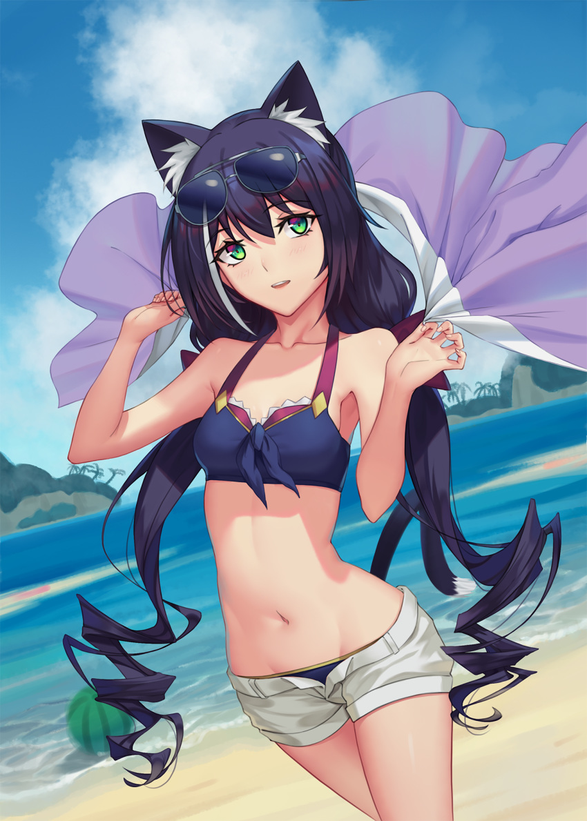 1girl animal_ear_fluff animal_ears bangs bare_arms bare_shoulders beach bikini bikini_under_clothes black-framed_eyewear blue_bikini blue_sky bow breasts cat_ears cat_girl cat_tail clouds collarbone cowboy_shot day drill_hair eyebrows_visible_through_hair eyewear_on_head food fruit green_eyes hair_bow highres holding holding_towel kyaru_(princess_connect) long_hair low_twintails multicolored_hair navel ocean open_clothes open_fly open_shorts outdoors parted_lips princess_connect! princess_connect!_re:dive purple_bow sanbaisoku_ikaros short_shorts shorts sky small_breasts smile solo stomach streaked_hair sunglasses swimsuit tail towel twintails very_long_hair w_arms water watermelon white_hair white_shorts