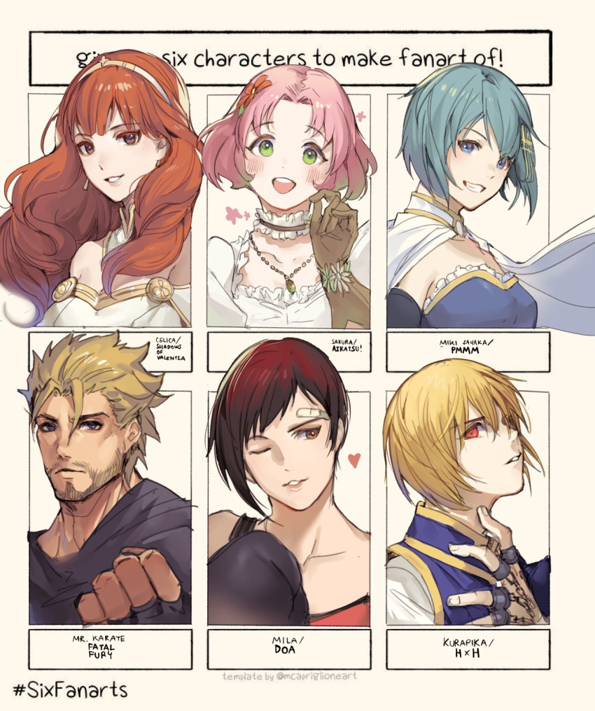 aikatsu!_(series) bandage_over_one_eye bangs bare_shoulders blonde_hair blue_eyes blue_hair boxing_gloves brown_eyes cape celica_(fire_emblem) choker clenched_hand dead_or_alive dead_or_alive_5 facial_hair fatal_fury fire_emblem fire_emblem_echoes:_shadows_of_valentia green_eyes grey_eyes heart highres hunter_x_hunter kitaouji_sakura kurapika mahou_shoujo_madoka_magica miki_sayaka mila_(doa) mr_karate pink_hair red_eyes redhead short_hair six_fanarts_challenge stubble velahka