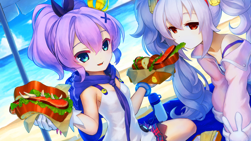 2girls azur_lane beach beach_towel beach_umbrella blue_eyes blue_sky bow box bracelet breasts clouds cloudy_sky commentary crown day dress dutch_angle eating expressionless food gloves hair_between_eyes hair_bow hair_ornament jacket javelin_(azur_lane) jewelry laffey_(azur_lane) lettuce long_hair looking_at_viewer manjuu_(azur_lane) meat medium_hair mini_crown mitchy1023 multiple_girls ocean off_shoulder outdoors parted_lips pink_jacket ponytail purple_hair red_eyes sandwich short_dress silver_hair sitting sky small_breasts strap_slip thermos thighs towel twintails umbrella wavy_hair white_dress white_gloves x_hair_ornament