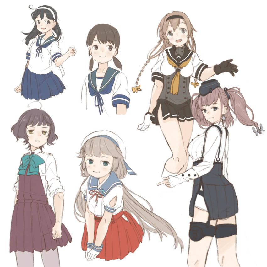 6+girls ahoge anchor_hair_ornament aqua_neckwear atlanta_(kantai_collection) bangs black_hair black_headband black_headwear black_sailor_collar black_skirt blue_neckwear blue_sailor_collar blue_skirt blunt_bangs braid breasts brown_eyes brown_hair clothes_writing collared_shirt commentary_request corset cowboy_shot dress dress_shirt earrings garrison_cap garter_straps green_eyes grey_eyes grey_hair grey_legwear hair_ornament hairband halterneck hat headband high-waist_skirt highres hip_vent jewelry kantai_collection kishinami_(kantai_collection) kokko_(014kko) large_breasts light_brown_hair long_hair long_sleeves looking_at_viewer low_twintails mikura_(kantai_collection) multiple_girls neckerchief orange_neckwear pantyhose parted_bangs pleated_dress pleated_skirt propeller_hair_ornament puffy_short_sleeves puffy_sleeves purple_dress red_skirt remodel_(kantai_collection) sailor_collar sailor_hat sailor_shirt school_uniform serafuku shirayuki_(kantai_collection) shirt short_hair short_sleeves short_twintails simple_background skirt sleeves_rolled_up star star_earrings suspender_skirt suspenders teruzuki_(kantai_collection) thigh_strap twin_braids twintails two_side_up upper_body ushio_(kantai_collection) wavy_hair white_background white_hairband white_headwear white_shirt