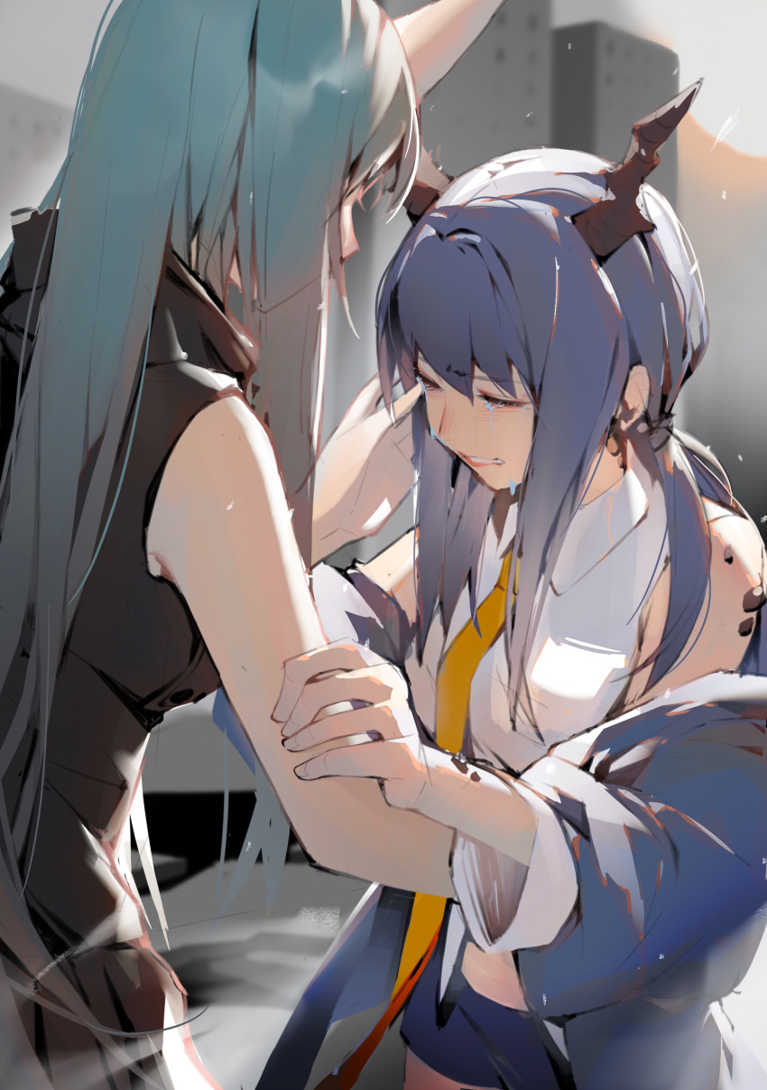 2girls absurdres aniao_ya arknights black_shirt blue_hair blue_jacket blue_shorts blush breasts ch'en_(arknights) chinese_commentary city closed_eyes collared_shirt cowboy_shot crying dragon_horns green_hair hand_on_another's_arm hand_on_another's_face highres horns hoshiguma_(arknights) jacket lips long_hair medium_breasts multiple_girls necktie off_shoulder oni_horn ore_lesion_(arknights) outdoors shirt short_shorts shorts sleeveless sleeveless_shirt straight_hair tears turtleneck twintails white_shirt wing_collar wiping_tears yellow_neckwear