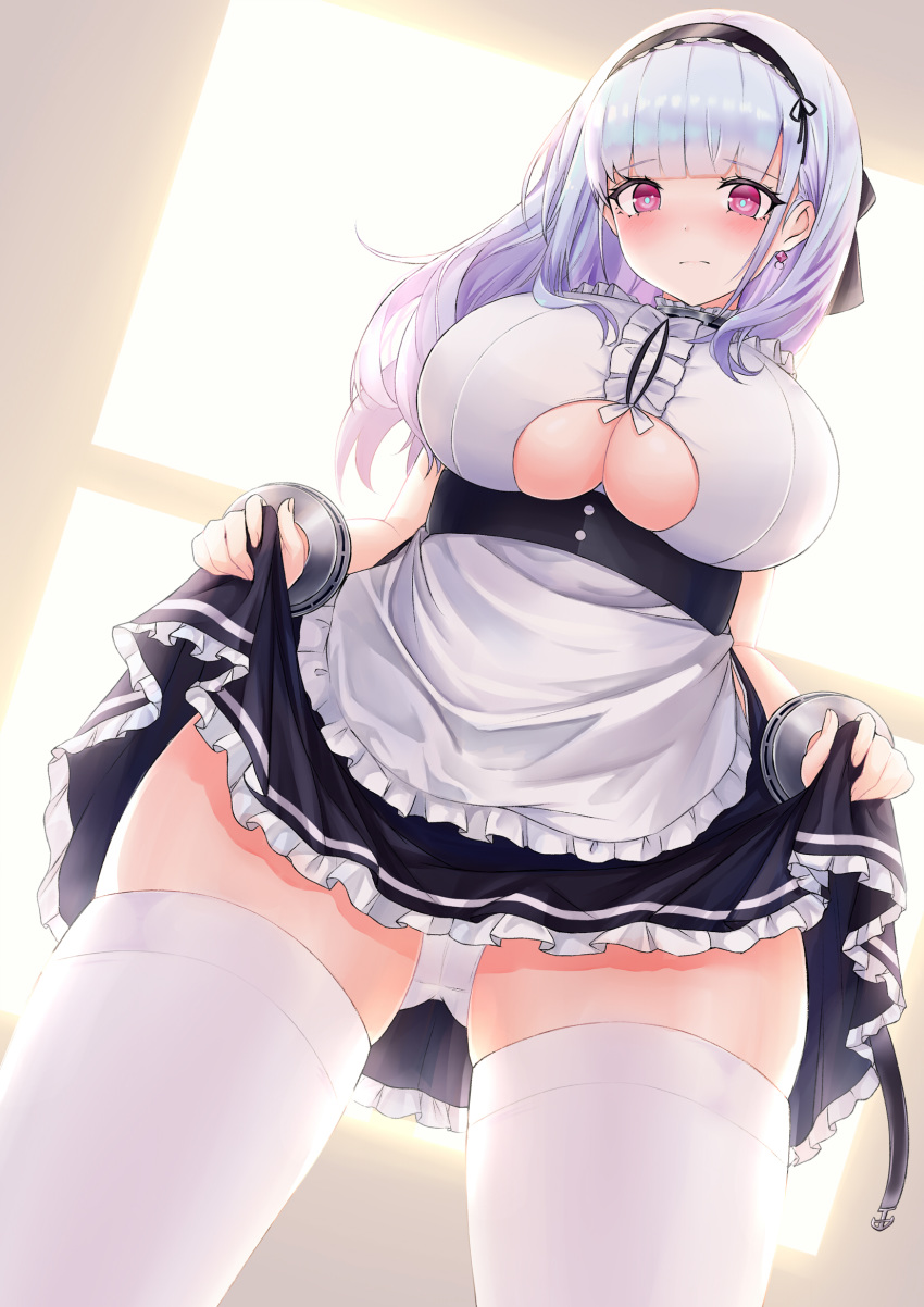 1girl anchor anchor_choker apron ass_visible_through_thighs azur_lane bangle bangs black_hairband black_ribbon black_skirt blunt_bangs blush bracelet breasts center_frills choker closed_mouth commentary cowboy_shot diamond_earrings dido_(azur_lane) dutch_angle earrings eyebrows_visible_through_hair frilled_apron frilled_choker frilled_shirt frilled_skirt frills from_below frown hair_ribbon hairband highres jewelry lace-trimmed_hairband large_breasts lifted_by_self long_hair looking_at_viewer maid_apron minoshi nose_blush panties ribbon shirt sidelocks silver_hair skindentation skirt skirt_lift sleeveless sleeveless_shirt solo standing thigh-highs under_boob underboob_cutout underwear violet_eyes waist_apron white_apron white_legwear white_panties white_shirt window zettai_ryouiki