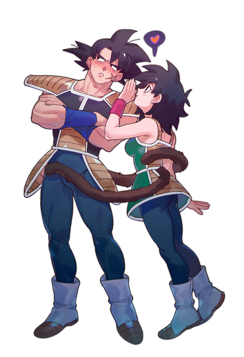 1boy 1girl :&lt; :o arm_at_side armor ass bardock bare_arms bare_shoulders black_eyes black_hair blue_legwear blush boots breasts collarbone couple crossed_arms dragon_ball dragon_ball_minus dragon_ball_super_broly embarrassed eyebrows_visible_through_hair eyelashes facial_scar fingernails frown full-face_blush full_body furrowed_eyebrows gine hand_to_own_mouth hand_up heart hetero highres leaning leaning_to_the_side looking_at_another looking_to_the_side medium_breasts medium_hair messy_hair monkey_tail muscle nervous open_mouth profile qiashucai scar scar_on_cheek shiny shiny_hair shy sideboob simple_background skirt speech_bubble spoken_heart standing tail tiptoes whispering white_background white_footwear wristband