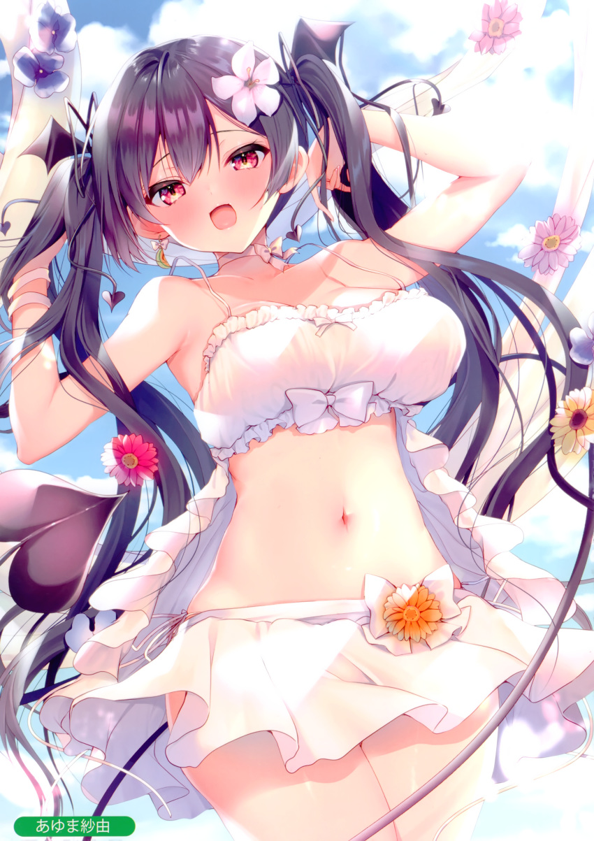 1girl :d absurdres armpits arms_up ayuma_sayu bare_shoulders black_hair breasts choker clouds cowboy_shot crop_top flower hair_flower hair_ornament highres large_breasts long_hair looking_at_viewer melonbooks midriff miniskirt navel open_mouth original red_eyes scan skirt smile solo spaghetti_strap stomach thighs twintails very_long_hair white_skirt