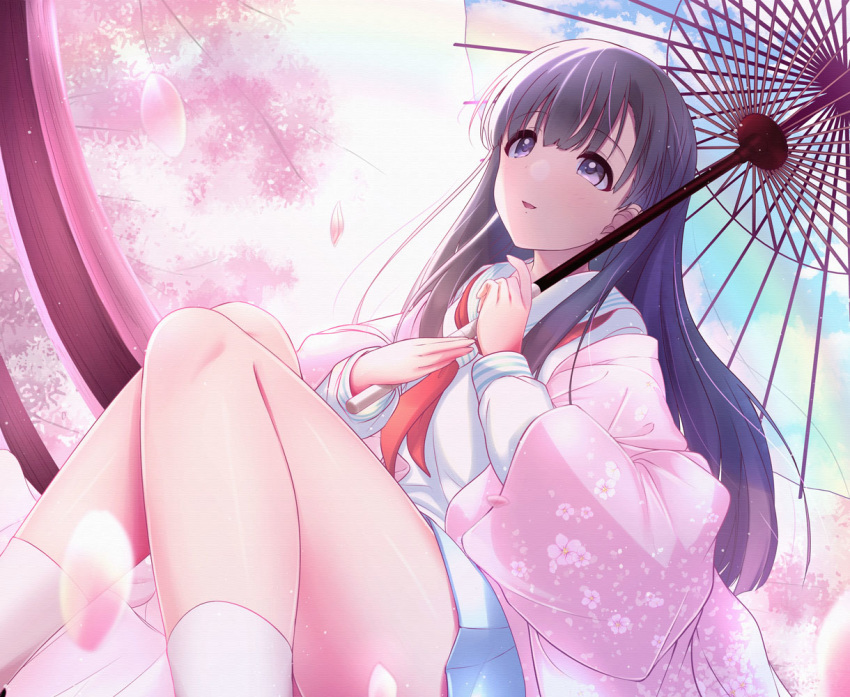 1girl :d =d akisaka_yamoka bangs black_hair blue_skirt blue_sky cherry_blossom_print cherry_blossoms clouds eyebrows_visible_through_hair floral_print hair_over_shoulder idolmaster idolmaster_cinderella_girls japanese_clothes kimono kneehighs kobayakawa_sae long_hair long_sleeves looking_up neckerchief open_mouth oriental_umbrella outdoors pleated_skirt red_neckwear sailor_collar school_uniform see-through skirt sky smile solo umbrella white_legwear wide_sleeves