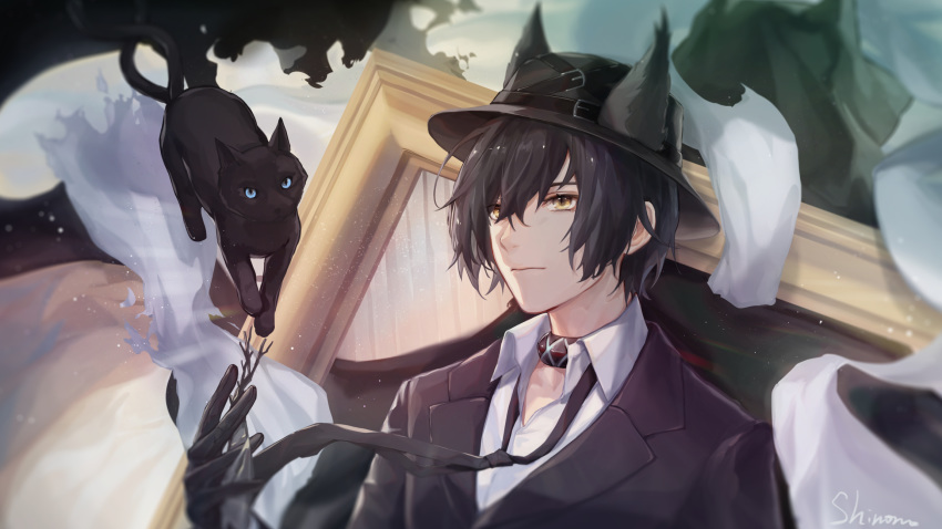 1boy animal_ears arknights bangs black_cat black_coat black_gloves black_hair black_headwear black_neckwear brown_eyes cat cat_ears coat commentary ears_through_headwear fedora gloves hair_between_eyes hat highres jewelry looking_at_viewer male_focus neck_ring necktie phantom_(arknights) shinono_(shinono76) shirt signature upper_body white_shirt wing_collar