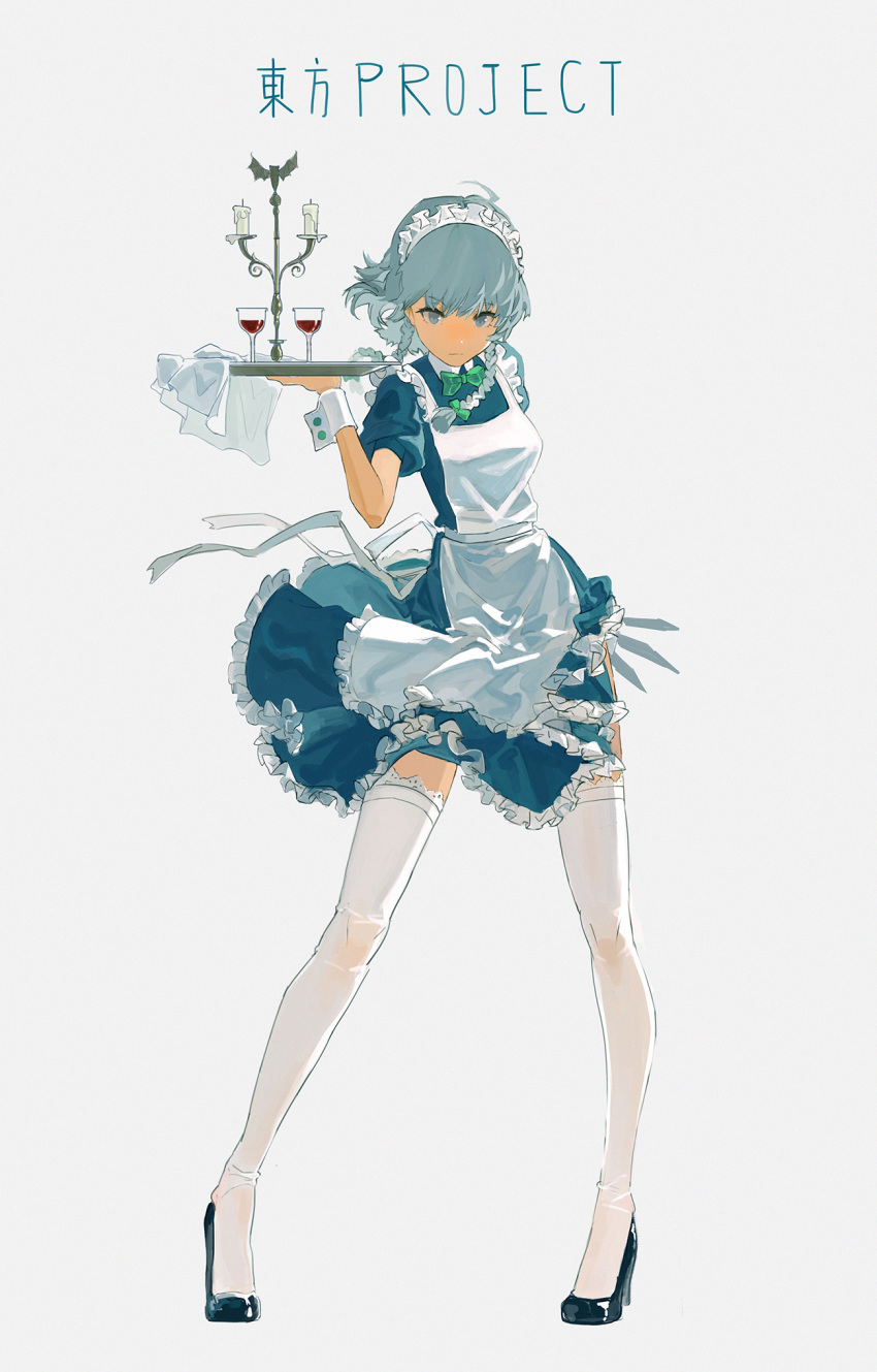 1girl apron black_footwear blue_shirt blue_sky bow bowtie braid candle candlestand commentary copyright_name cup drinking_glass frills full_body green_bow green_neckwear grey_eyes grey_hair hair_bow hand_up highres holding holding_knife holding_tray izayoi_sakuya knife maid_headdress shirt short_hair_with_long_locks short_sleeves sky solo thigh-highs touhou tray tss-mire twin_braids white_legwear wine_glass wrist_cuffs