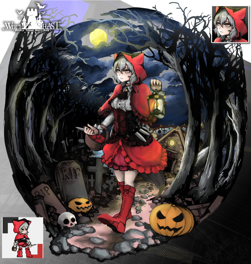 1girl absurdres arknights dagger full_moon highres jack-o'-lantern lantern little_red_riding_hood little_red_riding_hood_(grimm) moon night projekt_red_(arknights) red_footwear red_hood solo solo_focus tombstone tree vyragami weapon white_hair withered