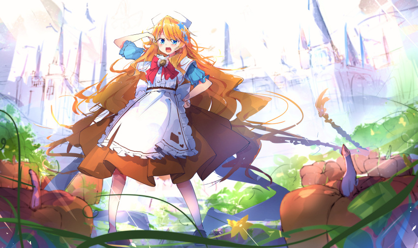 1girl :d apron bangs blue_eyes blush bow brown_skirt castle commentary_request day eyebrows_visible_through_hair fang frilled_apron frills hair_between_eyes hair_ornament hand_on_hip hand_up highres long_hair looking_at_viewer nekopote nijisanji open_mouth orange_hair otogibara_era outdoors pleated_skirt puffy_short_sleeves puffy_sleeves pumpkin red_bow shirt short_sleeves skirt smile solo standing star star_hair_ornament tower very_long_hair virtual_youtuber waist_apron white_apron white_headwear white_shirt