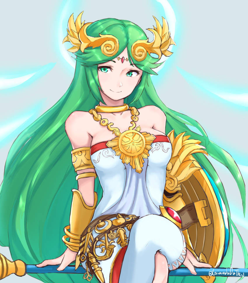 bare_shoulders forehead_jewel gauntlets gold_necklace green_eyes green_hair grimmelsdathird highres kid_icarus kid_icarus_uprising long_hair looking_to_the_side palutena shield sitting staff