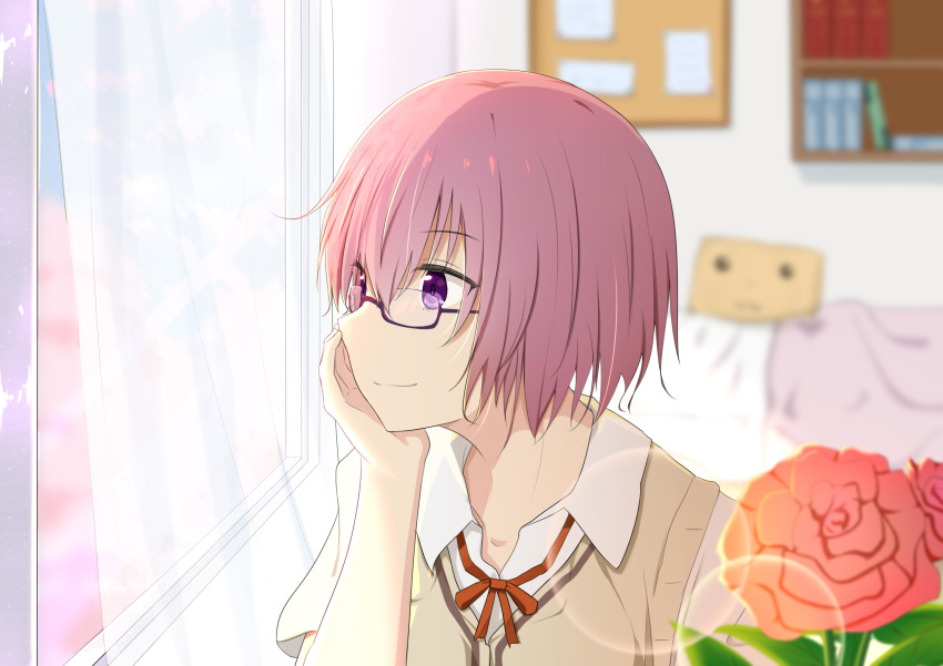 1girl absurdres bangs bed blurry blurry_background blush book breasts collarbone commentary_request curtains eyebrows_visible_through_hair fate_(series) flower glasses hair_between_eyes hair_over_one_eye highres indoors l.tea mash_kyrielight pillow pink_flower pink_rose red_ribbon ribbon rose school_uniform semi-rimless_eyewear serafuku shirt short_hair smile solo violet_eyes white_shirt window