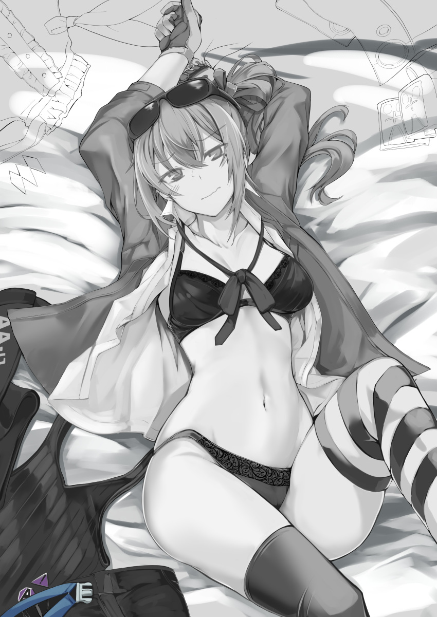 1girl absurdres arms_behind_head black_bra black_panties bow bowtie bra breasts breasts_apart fingerless_gloves girls_frontline gloves greyscale hair_between_eyes highres kalina_(girls_frontline) ku-ba lace lace-trimmed_panties long_hair looking_at_viewer lying medium_breasts monochrome navel on_back open_clothes panties solo striped striped_legwear thigh-highs thighs underwear underwear_only