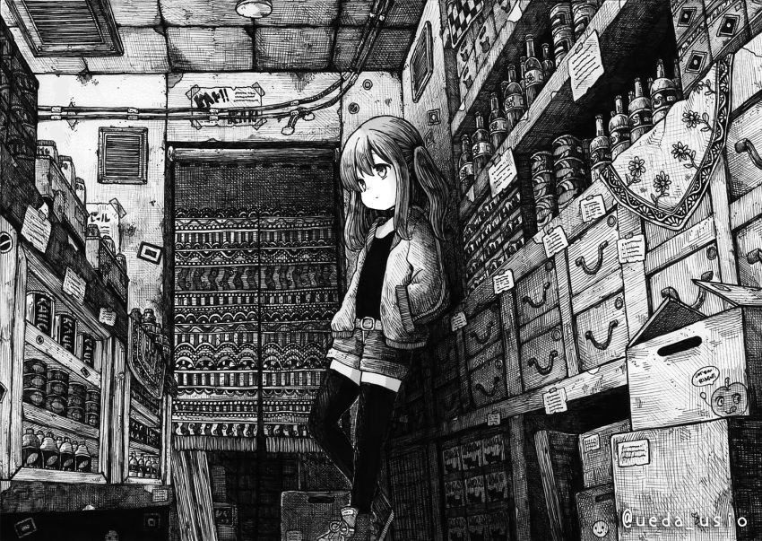 1girl artist_name belt closed_mouth denim denim_shorts expressionless eyebrows_visible_through_hair greyscale hair_between_eyes hands_in_pockets hood hoodie indoors looking_away monochrome original scenery short_hair short_twintails shorts sidelocks solo standing thigh-highs twintails twitter_username usio_ueda