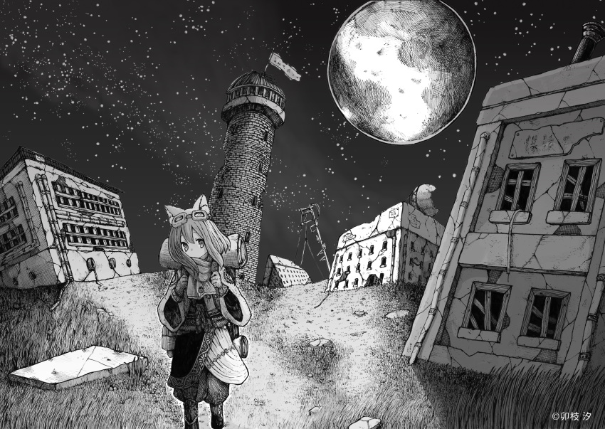 1girl absurdres animal_ears backpack bag cat_ears eyebrows_visible_through_hair goggles goggles_on_head greyscale highres long_hair looking_at_viewer monochrome moon night original outdoors power_lines scenery sky sleeping_bag solo star_(sky) starry_sky usio_ueda walking