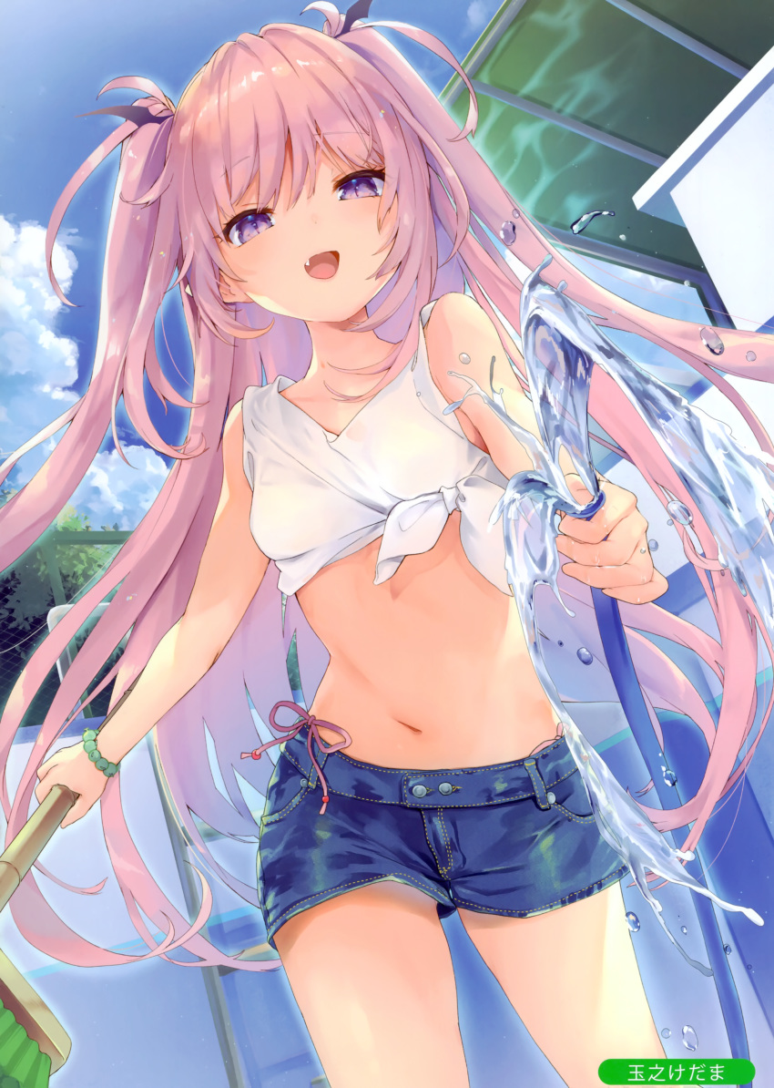 1girl :d absurdres bare_arms bare_shoulders bead_bracelet beads blue_shorts bracelet breasts clouds cowboy_shot crop_top day denim denim_shorts fang front-tie_top highres holding hose jewelry kedama_milk long_hair looking_at_viewer melonbooks midriff mop navel open_mouth original outdoors pink_hair sakyumama_(kedama_milk) scan shirt short_shorts shorts sleeveless sleeveless_shirt slit_pupils small_breasts smile solo standing stomach sunlight thighs two_side_up very_long_hair violet_eyes water white_shirt
