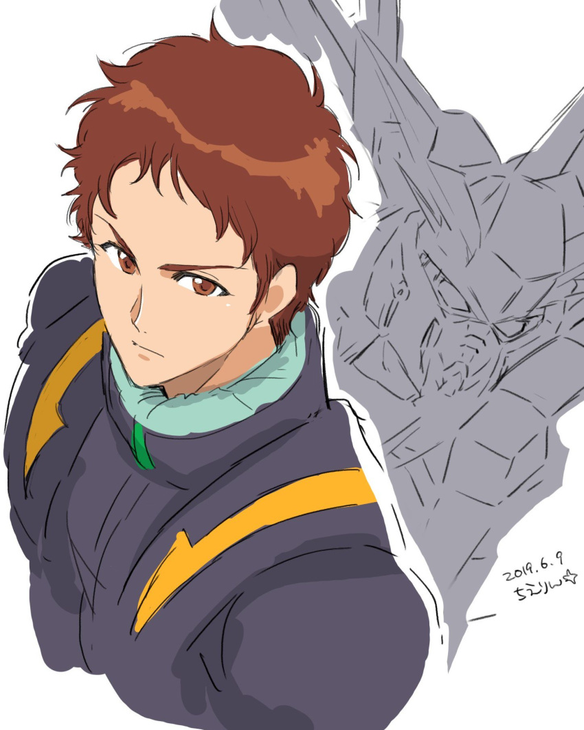 1boy brown_eyes brown_hair dated from_above gundam_hathaway's_flash hathaway_noa highres looking_to_the_side mecha sketch spacesuit white_background xi_gundam yanada_kiyorin