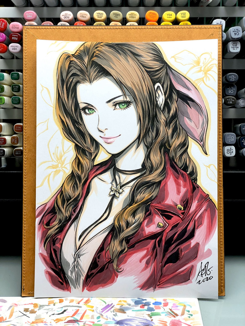1girl aerith_gainsborough bangs bow brown_hair closed_mouth cropped_jacket dress english_commentary final_fantasy final_fantasy_vii final_fantasy_vii_remake green_eyes hair_bow highres jacket jewelry marker_(medium) necklace open_clothes open_jacket parted_bangs pink_bow pink_dress pink_lips portrait red_jacket signature smile stanley_lau traditional_media tri_drills