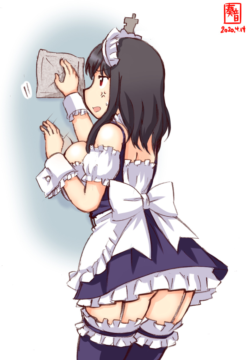 1girl alternate_costume anger_vein apron artist_logo ass black_hair blue_dress blue_legwear breasts commentary_request cowboy_shot dated dress enmaided frilled_apron frilled_dress frilled_legwear frilled_shirt frills from_behind garter_straps hair_ornament highres kanon_(kurogane_knights) kantai_collection large_breasts maid maid_headdress rag red_eyes shirt simple_background solo white_apron white_background wiping yamashiro_(kantai_collection)