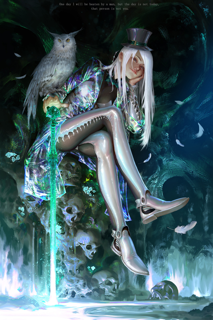 1girl animal_ears bird black_headwear blue_eyes bow closed_mouth crack crossed_legs english_text feathers fingernails floating floating_weapon futoshi_(tekidai) glowing glowing_weapon green_bow hand_on_own_face hat highres jacket long_hair looking_at_viewer original owl pink_lips sitting skull smile summoning sword weapon white_hair yellow_eyes