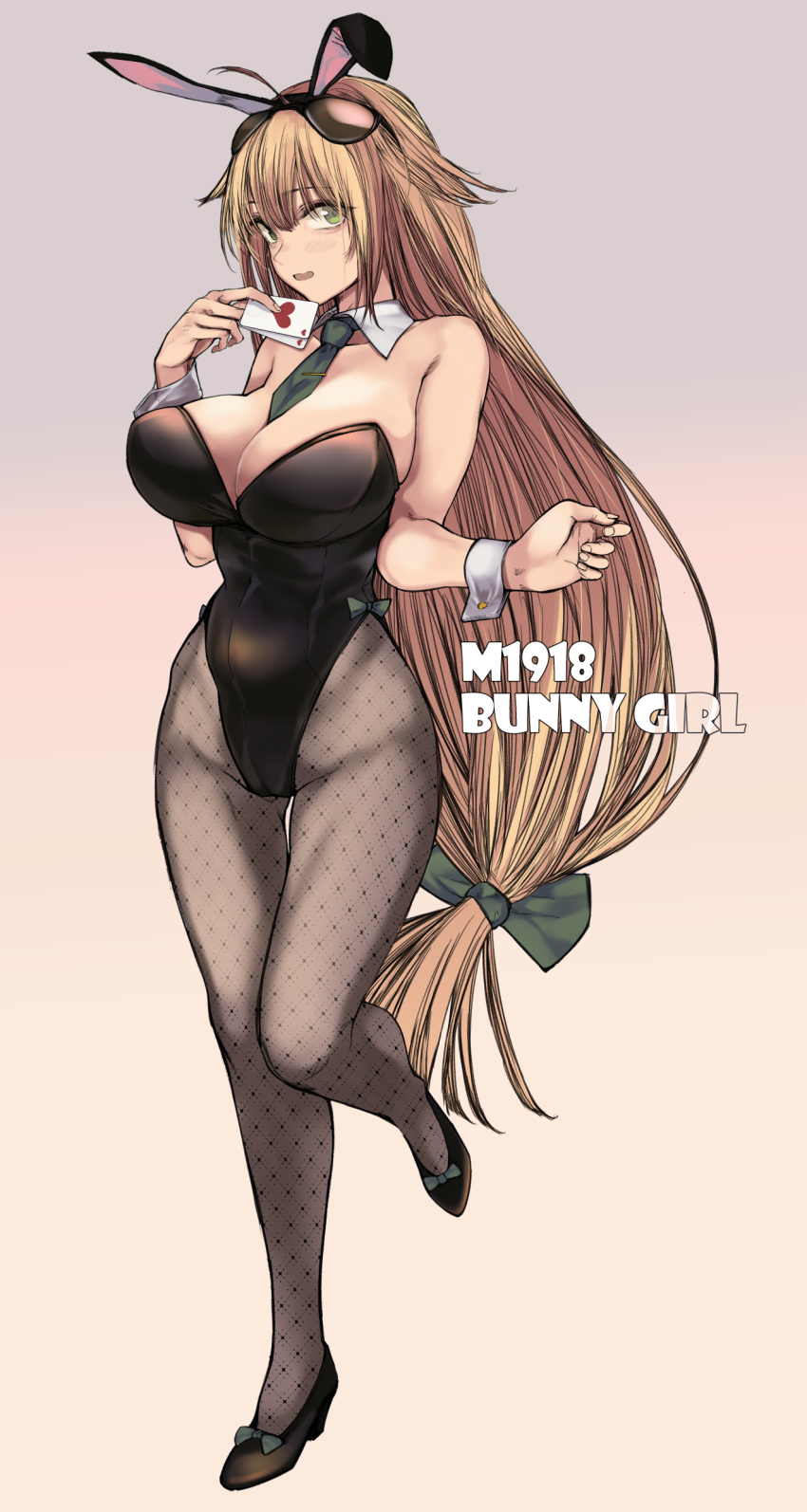 1girl absurdres animal_ears bangs bare_shoulders between_breasts black_footwear black_legwear black_leotard blonde_hair breasts bunny_girl card character_name collar commentary_request detached_collar full_body girls_frontline gradient gradient_background green_eyes green_neckwear hair_between_eyes high_heels highres holding_playing_card kojima_(blue_stardust) large_breasts leg_up leotard long_hair low_tied_hair m1918_bar_(girls_frontline) open_mouth pantyhose playing_card rabbit_ears standing very_long_hair wrist_cuffs
