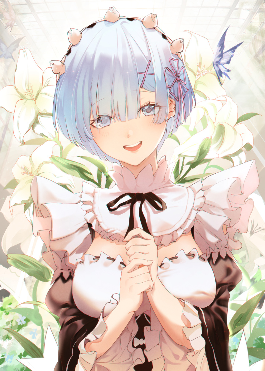 1girl absurdres bangs black_ribbon blue_butterfly blue_eyes blue_hair blush breasts bug butterfly commentary_request detached_sleeves dress flower frills hair_ornament hair_over_one_eye hair_ribbon highres insect large_breasts long_sleeves looking_at_viewer maid maid_headdress matsunaga777 open_mouth re:zero_kara_hajimeru_isekai_seikatsu rem_(re:zero) ribbon short_hair smile solo white_flower wide_sleeves x_hair_ornament