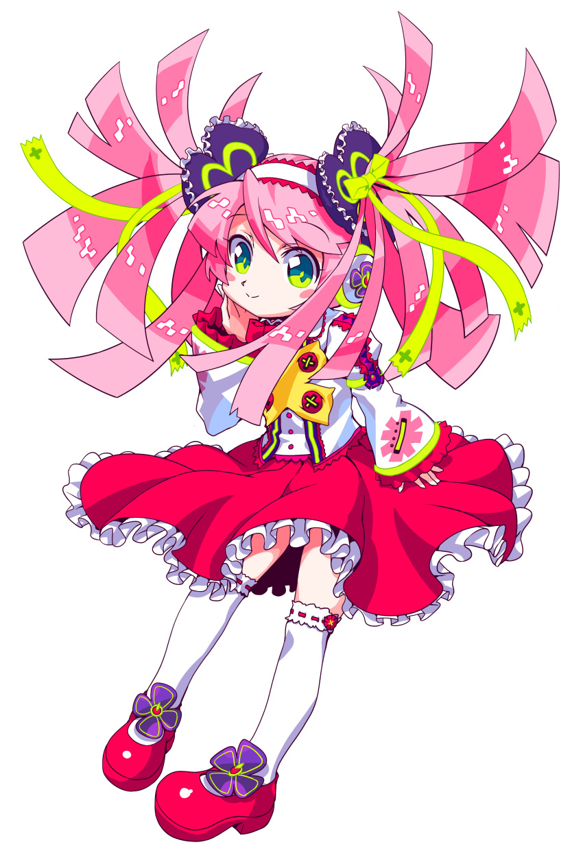 1girl absurdres blush_stickers closed_mouth eyebrows_visible_through_hair frilled_skirt frilled_sleeves frills full_body green_eyes green_ribbon hair_ornament hair_ribbon hand_on_own_cheek haruka_nana headphones highres jacket long_sleeves looking_at_viewer mary_janes nagimiso official_art over-kneehighs pink_hair red_footwear red_skirt ribbon ribbon-trimmed_legwear ribbon_trim shoes skirt solo thigh-highs transparent_background twintails utau white_jacket white_legwear wide_sleeves