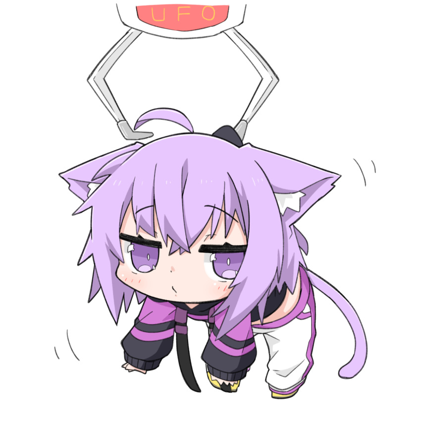 1girl ahoge animal_ear_fluff animal_ears bangs black_hoodie blush cat_ears cat_girl cat_tail chibi closed_mouth commentary_request crane_game eyebrows_visible_through_hair hair_between_eyes highres hololive hood hoodie kinka long_sleeves looking_at_viewer nekomata_okayu pants puffy_long_sleeves puffy_sleeves purple_hair sidelocks simple_background sleeves_past_wrists solo tail violet_eyes virtual_youtuber white_background white_pants