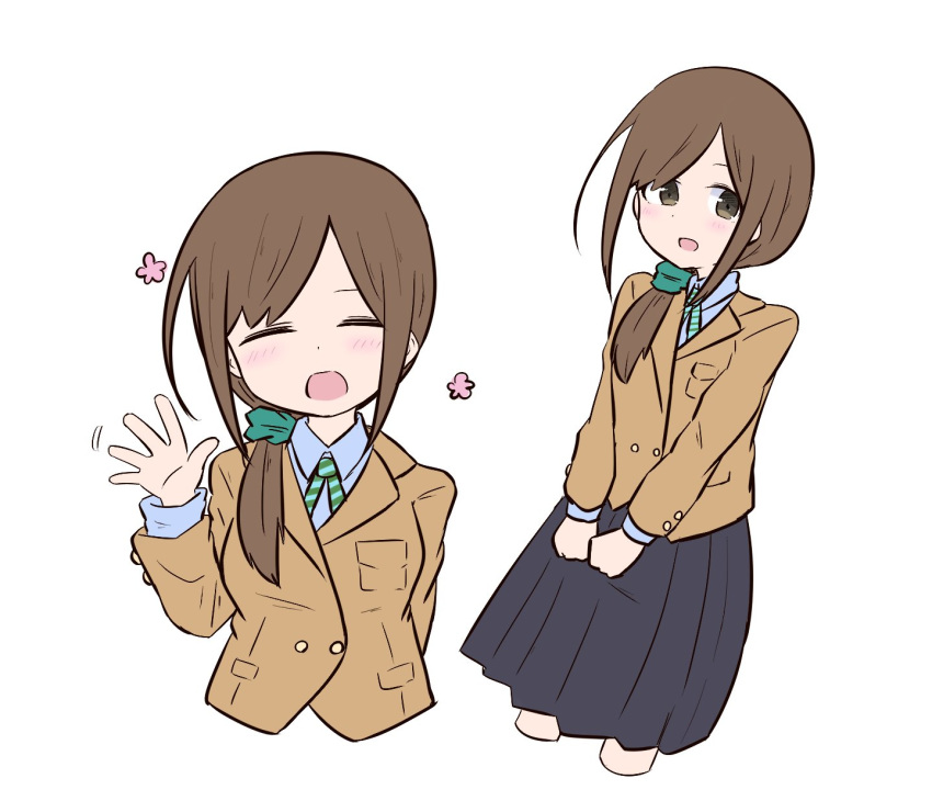 1girl :d ^_^ bangs black_skirt blazer blue_shirt blush brown_eyes brown_hair brown_jacket closed_eyes collared_shirt commentary_request cropped_legs cropped_torso diagonal_stripes eyebrows_behind_hair facing_viewer green_scrunchie hair_ornament hair_over_shoulder hair_scrunchie hand_up highres jacket kujou_karasuma long_hair long_sleeves looking_at_viewer low_ponytail multiple_views neck_ribbon open_mouth original parted_bangs pleated_skirt ponytail ribbon scrunchie shirt simple_background skirt smile striped striped_ribbon waving white_background
