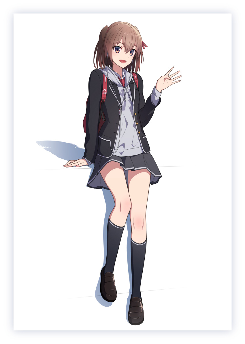 1girl absurdres arm_up black_footwear black_jacket black_legwear blue_eyes blush brown_eyes brown_hair eyebrows_visible_through_hair full_body grey_hoodie hair_between_eyes hair_ornament highres jacket kantai_collection looking_at_viewer necktie pleated_skirt rankebu red_neckwear school_uniform sendai_(kantai_collection) shadow shirt shoes short_hair simple_background skirt socks white_background white_shirt