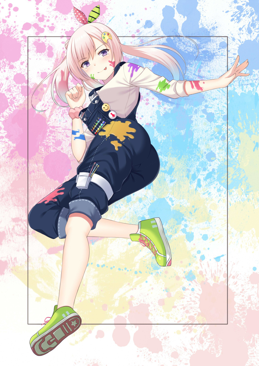 1girl airani_iofifteen arm_scrunchie hair_ornament hairband hairclip highres hololive hololive_indonesia overalls paint_on_body paint_on_clothes paint_on_face paint_splatter shoes side_bun side_ponytail smile sneakers solo tongue tongue_out violet_eyes virtual_youtuber white_hair winnetou-ad