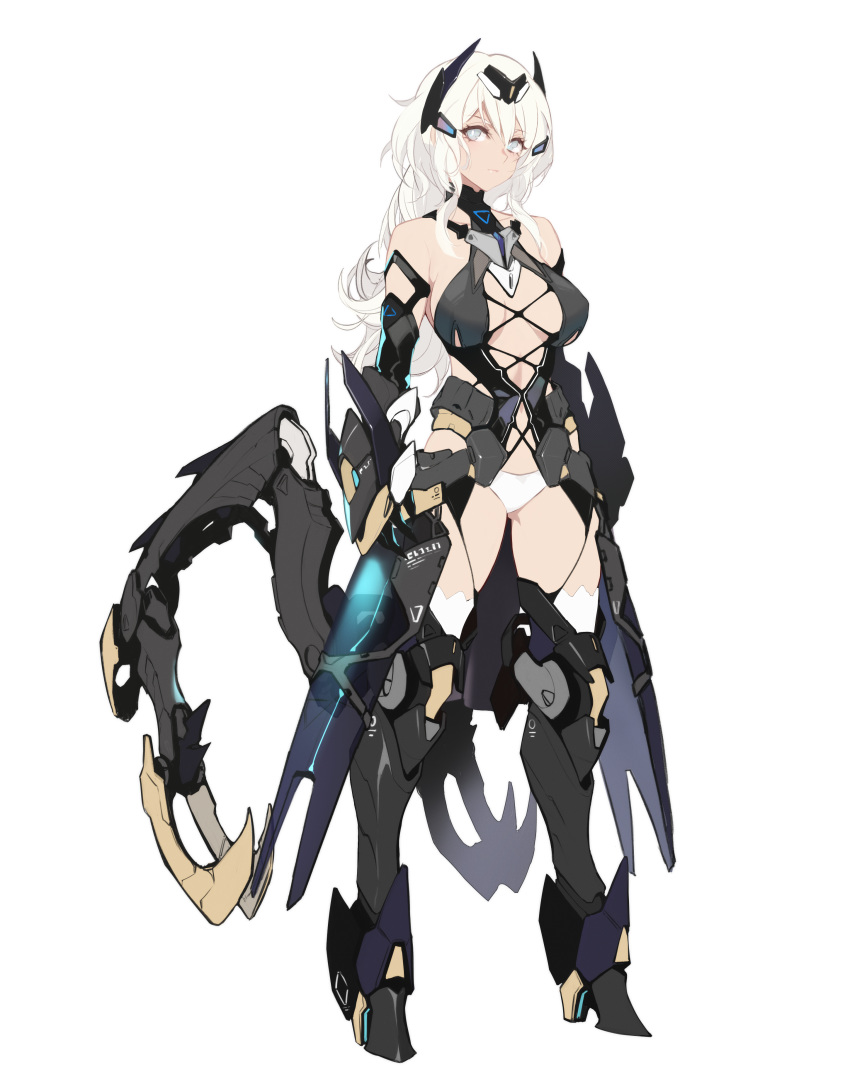 1girl absurdres armored_boots blue_eyes boots breasts closed_mouth high_heels highres large_breasts long_hair original panties platinum_blonde_hair realmbw thigh-highs underwear white_panties