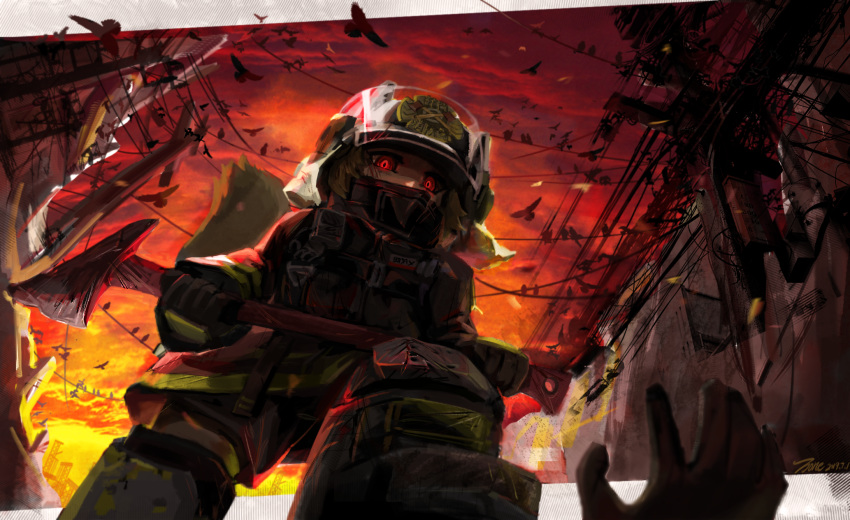 1girl 1other alternate_color alternate_eye_color animal animal_ears_helmet arknights artist_name axe bird city clouds cloudy_sky commentary_request covered_mouth evening fire_axe fire_helmet fire_jacket firefighter glowing glowing_eyes highres holding holding_axe knee_pads looking_at_viewer outdoors power_lines qiou8 red_eyes shaw_(arknights) shorts sky squirrel_girl squirrel_tail sunset tail telephone_pole