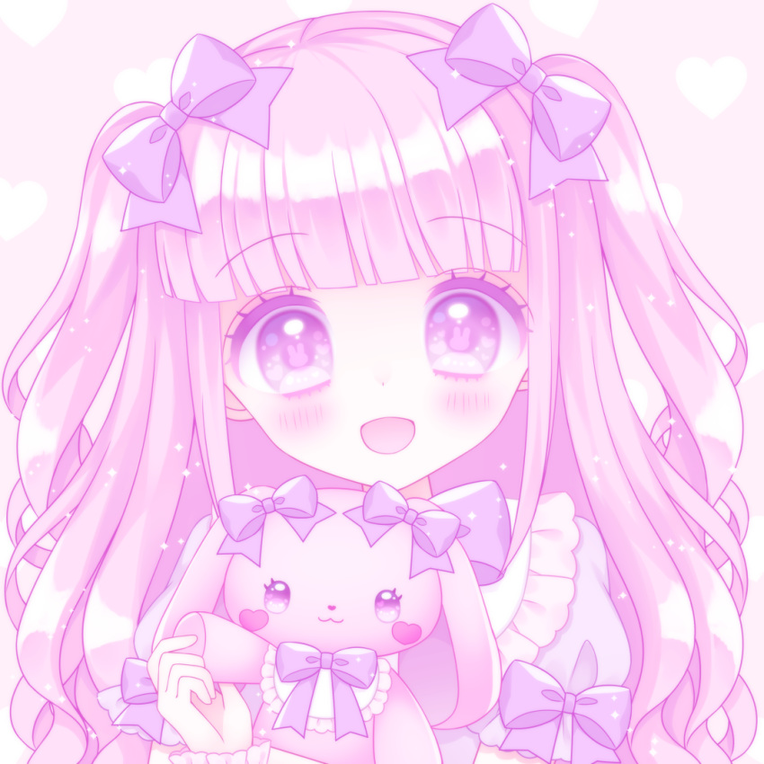 1girl :d bangs blush bow bunny-shaped_pupils commentary_request dress eyebrows_visible_through_hair hair_bow heart heart_background himetsuki_luna holding holding_stuffed_animal open_mouth original pink_background pink_hair puffy_short_sleeves puffy_sleeves purple_bow purple_dress short_sleeves smile solo stuffed_animal stuffed_bunny stuffed_toy symbol-shaped_pupils two_side_up upper_body violet_eyes