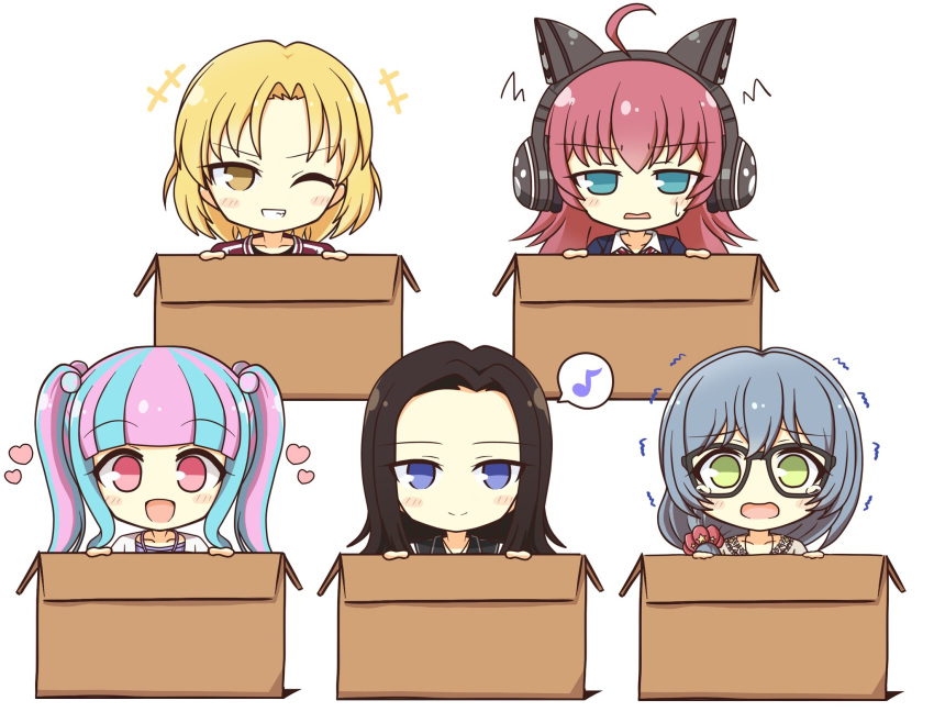 +++ 5girls :d ahoge asahi_rokka bang_dream! bangs black-framed_eyewear black_hair black_shirt black_vest blonde_hair blue_eyes blue_hair blunt_bangs blush_stickers box cardboard_box cat_ear_headphones collarbone collared_shirt commentary_request eyebrows_visible_through_hair forehead glasses green_eyes grin hair_between_eyes hair_bobbles hair_ornament hair_over_shoulder hair_scrunchie headphones heart highres in_box in_container jacket l long_hair long_sleeves looking_at_viewer multicolored_hair multiple_girls musical_note navy_blue_jacket necktie nyubara_reona one_eye_closed open_mouth parted_hair pink_eyes pink_hair print_scrunchie purple_shirt raise_a_suilen red_jacket red_neckwear red_scrunchie redhead satou_masuki scrunchie shirt short_hair sidelocks simple_background smile spoken_musical_note striped striped_neckwear sweatdrop tamade_chiyu tearing_up tears teen_(teen629) track_jacket trembling twintails two-tone_hair upper_body vest wakana_rei wavy_mouth white_background white_cardigan white_shirt yellow_eyes