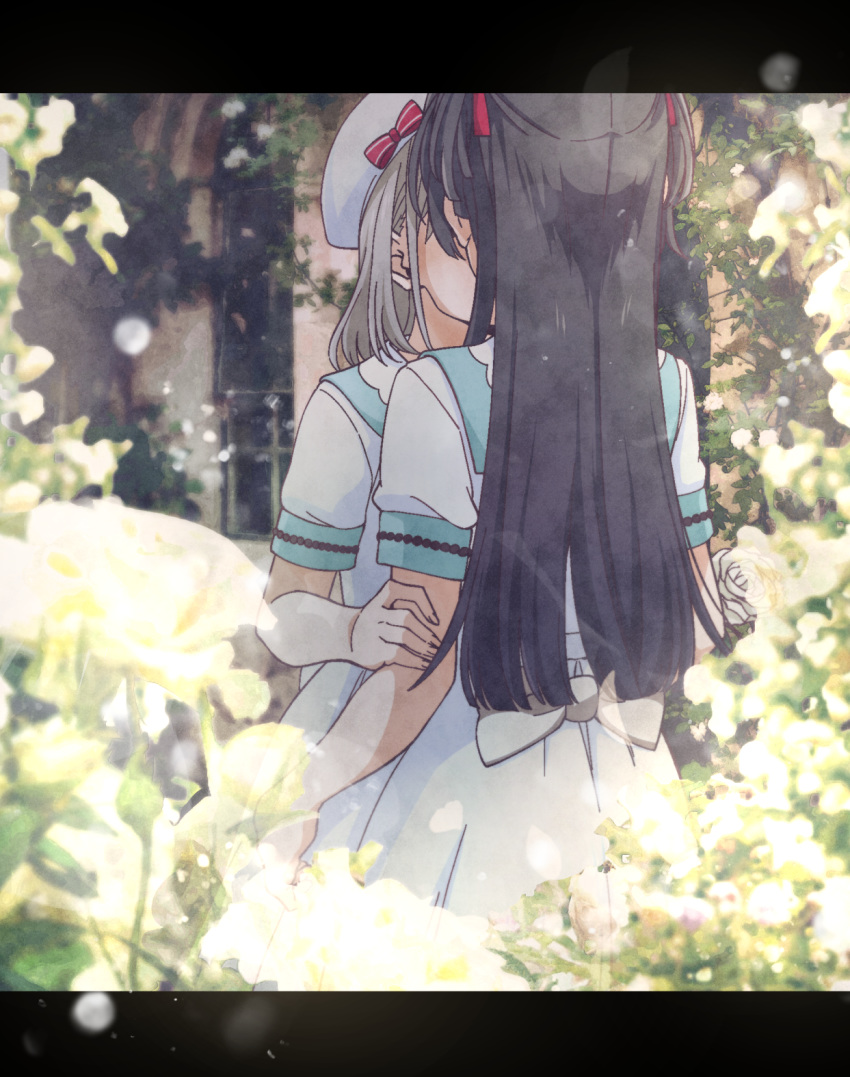 2girls back_bow black_hair bow day dress flower grey_hair hair_ribbon hands_on_another's_arms hat hat_bow highres idolmaster idolmaster_shiny_colors kiss letterboxed long_hair mayuzumi_fuyuko multiple_girls outdoors red_bow red_ribbon ribbon rose rurika_seijin sailor_dress serizawa_asahi short_hair short_sleeves striped striped_bow two_side_up water_drop white_flower white_rose yuri