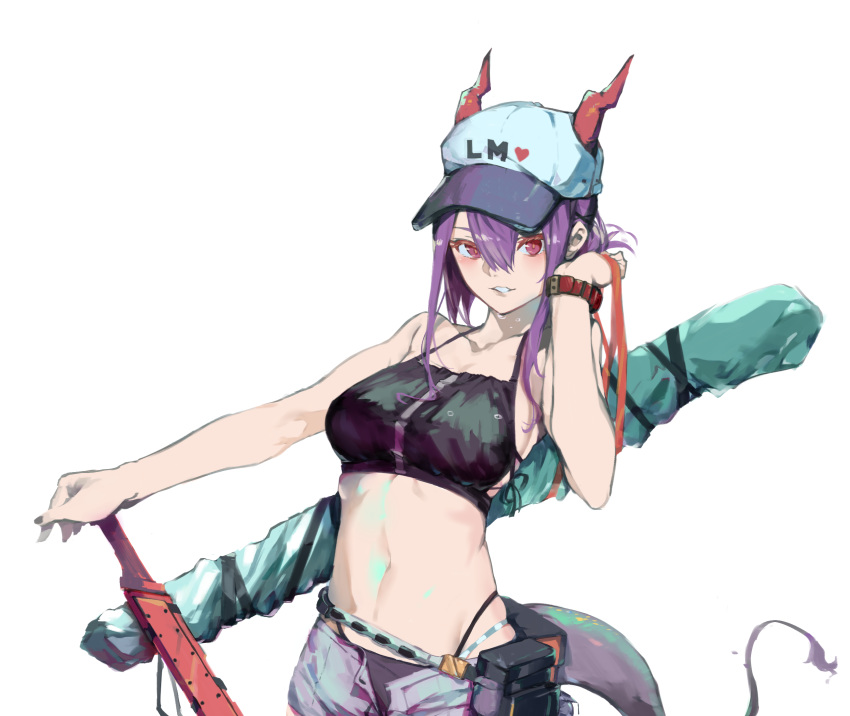 1girl arknights bangs bare_arms bare_shoulders baseball_cap bikini black_bikini breasts ch'en_(arknights) commentary dokuro_deluxe dragon_horns dragon_tail english_commentary grin hair_between_eyes hand_up hat heart highres horns long_hair looking_at_viewer medium_breasts navel parted_lips pouch purple_hair red_eyes shorts simple_background smile solo stomach swimsuit tail upper_body white_background