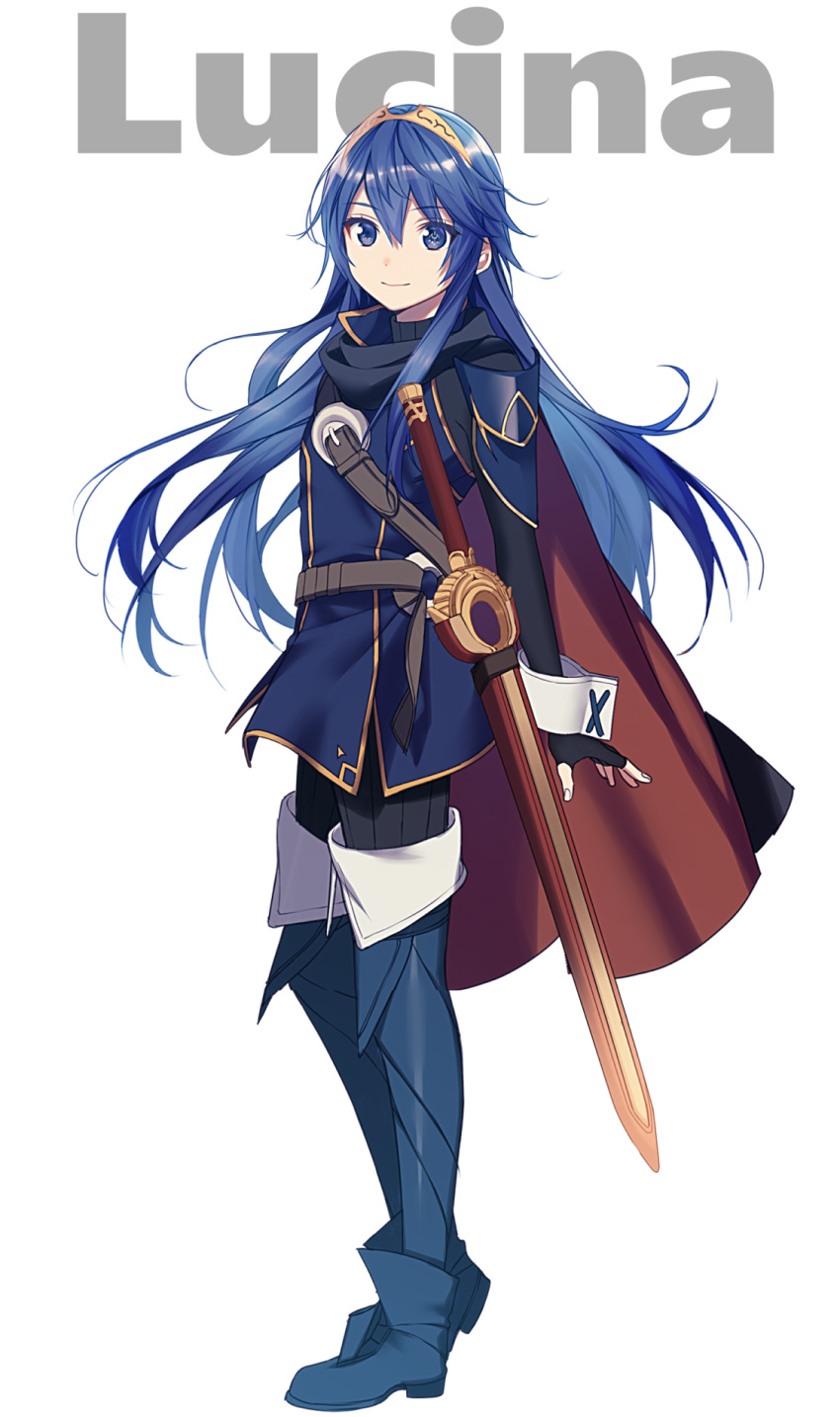 1girl arms_at_sides belt belt_buckle black_cape blue_eyes blue_hair boots buckle cape closed_mouth falchion_(fire_emblem) fingerless_gloves fire_emblem fire_emblem_awakening full_body gloves hair_ornament highres long_hair long_sleeves looking_at_viewer lucina lucina_(fire_emblem) ribbed_sweater ryon_(ryonhei) smile sweater sword symbol_in_eye thigh-highs thigh_boots tiara turtleneck very_long_hair weapon white_background wrist_cuffs