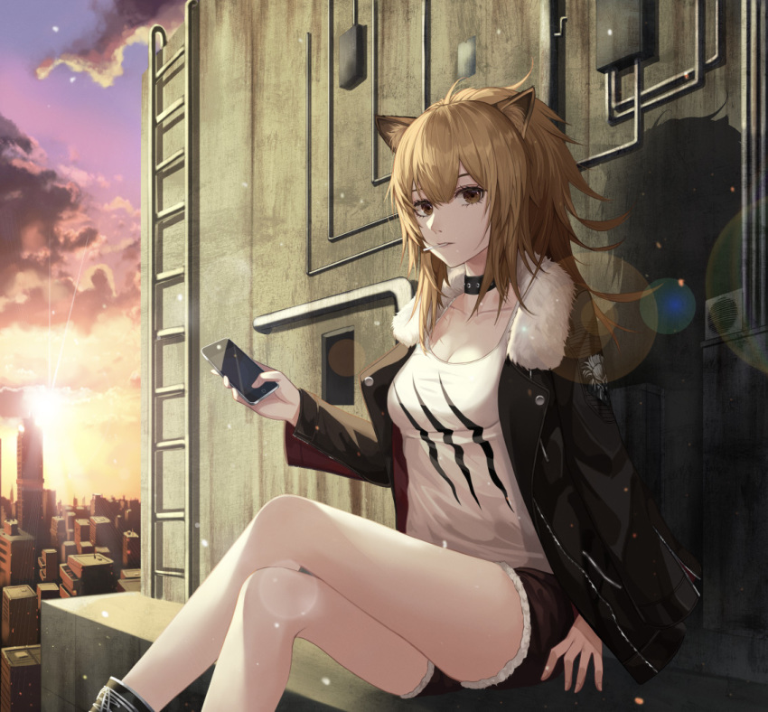 1girl animal_ear_fluff animal_ears arknights bangs bare_legs black_choker black_jacket black_shorts brown_eyes brown_hair cellphone choker city commentary crossed_legs feet_out_of_frame fur-trimmed_jacket fur-trimmed_shorts fur_trim hair_between_eyes holding holding_phone ihan jacket ladder lion_ears long_hair long_sleeves looking_at_viewer mouth_hold open_clothes open_jacket phone shadow shirt short_shorts shorts siege_(arknights) sitting skyline smartphone solo t-shirt thighs white_shirt