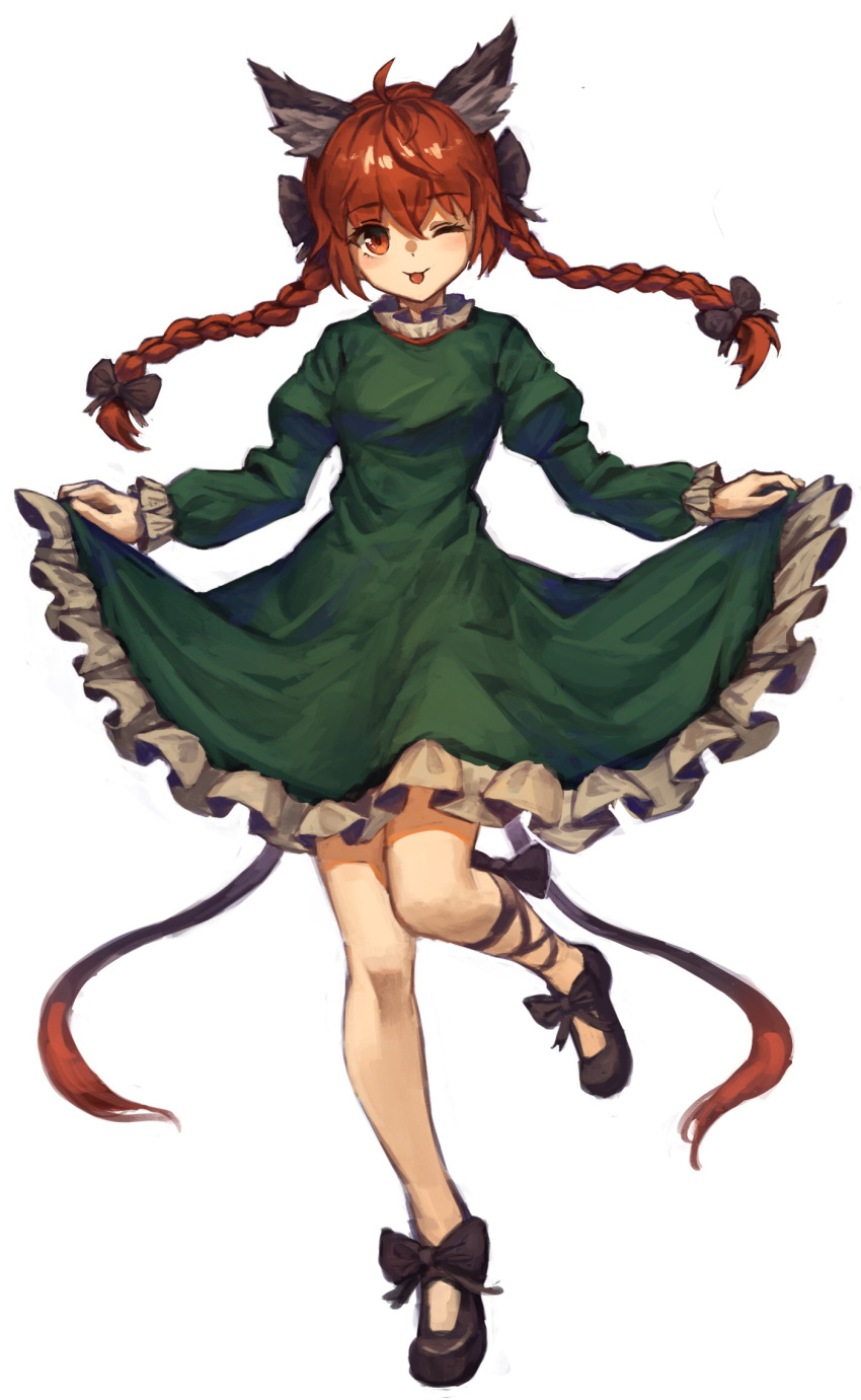 1girl ;p ahoge animal_ears bare_legs black_bow black_footwear blush bow cat_ears cat_girl cat_tail closed_mouth commentary_request dress frilled_dress frilled_sleeves frills hair_bow highres juliet_sleeves kaenbyou_rin leg_up long_sleeves multiple_tails one_eye_closed puffy_sleeves red_eyes redhead shoes skirt_hold smile solo standing standing_on_one_leg tail tongue tongue_out touhou twintails two_tails yanyan_(shinken_gomi)