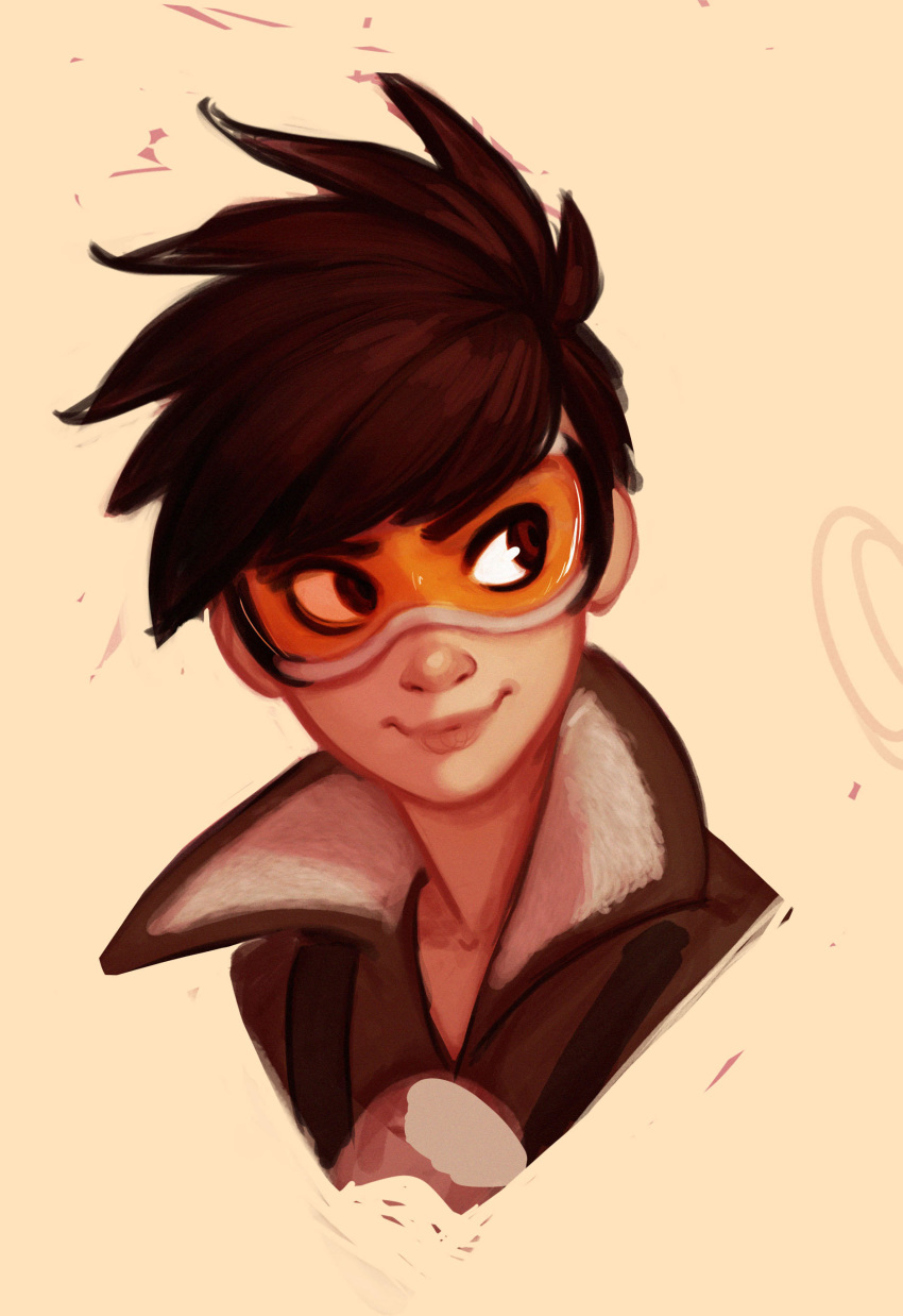 1girl absurdres bomber_jacket brown_eyes brown_hair carlos_eduardo goggles harness highres jacket lips looking_to_the_side overwatch popped_collar profile short_hair smile spiky_hair tan_background tracer_(overwatch)