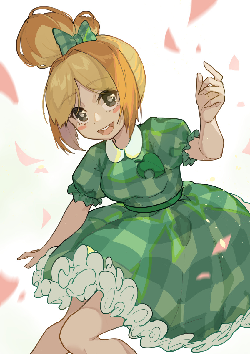 1girl absurdres alternate_costume bangs blonde_hair blush blush_stickers bow breasts commentary_request doubutsu_no_mori dress eyebrows_visible_through_hair frills green_bow green_dress hair_bow highres humanization kotatsu_kaya looking_at_viewer medium_breasts puffy_short_sleeves puffy_sleeves shizue_(doubutsu_no_mori) short_sleeves smile solo topknot upper_teeth