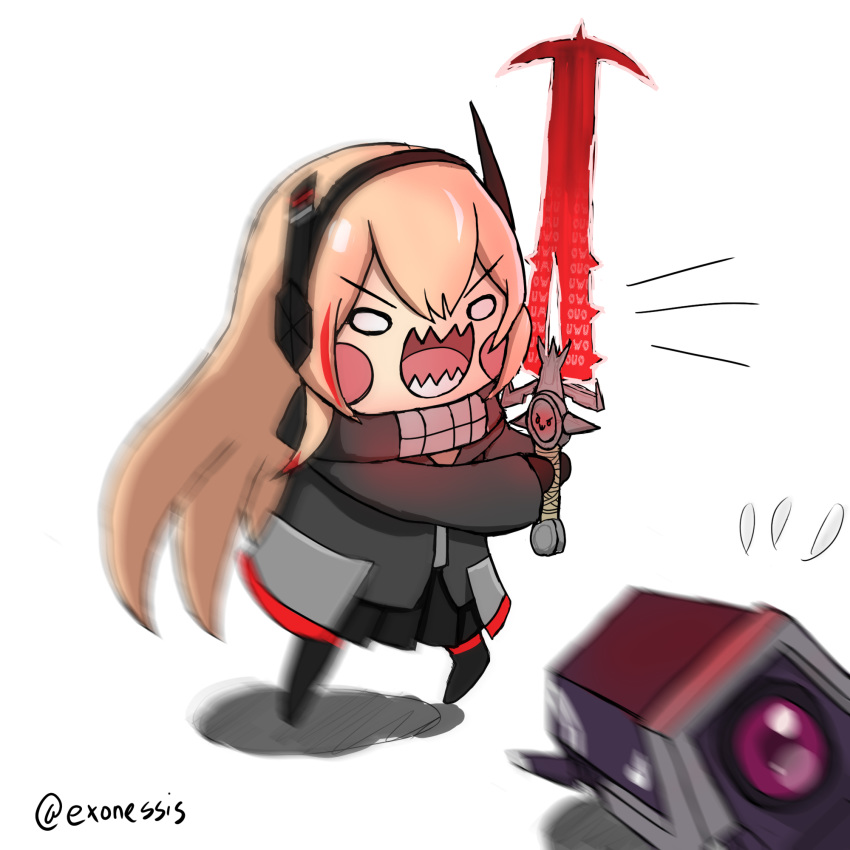 1girl black_jacket black_skirt blonde_hair blush_stickers chibi crucible_(doom) dinergate_(girls_frontline) doom_(game) energy_sword english_commentary exonessis girls_frontline headgear highres holding holding_sword holding_weapon jacket long_hair long_sleeves m4_sopmod_ii_jr multicolored_hair open_mouth pleated_skirt redhead scarf sharp_teeth simple_background skirt streaked_hair sword teeth weapon white_background wide_oval_eyes